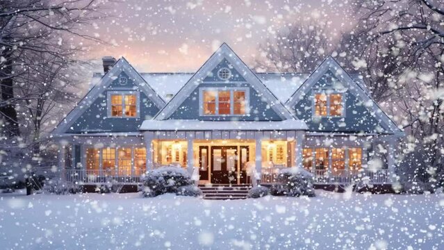 Typical American home in snowy evening twilight - cape cod style