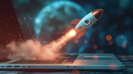 Rocket Launching from Laptop Speed Concept. Digital illustration of a rocket launching from a laptop, symbolizing speed, power, and technological advancement.
