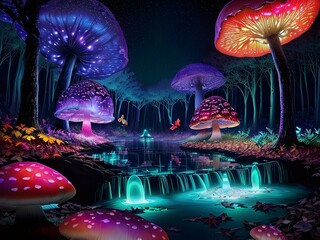 Magic mushroom in the forest, Generative AI