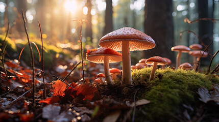 Mushrooms and Autumn Leaves Bathed in Warm Forest Sunlight