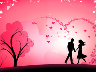Romantic card, silhouettes of lovers with a bicycle, trees and hearts on the background. flat style vector illustration.