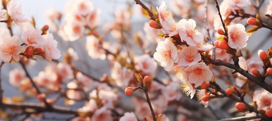 Delicate blossoming of fruit trees in the garden in sunny weather. The concept for the development of horticultural farms and small businesses growing non-GMO products, banner
