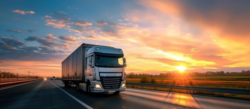Heavy duty container logistics truck transportation on the road with sunset background. AI generated