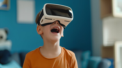 Excited Child Wearing VR Headset at Home. Joyful boy experiencing virtual reality with a headset in a vibrant blue room, expressing amazement.
