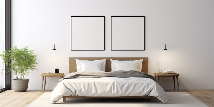 white minimalist bedroom with interior frame mock-up.
