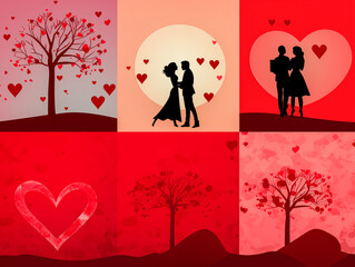 Obraz na płótnie Canvas Romantic card, silhouettes of lovers with a bicycle, trees and hearts on the background. flat style vector illustration.