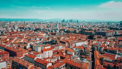 Milan city skyline aerial view. The theatrical performance shot from the Milan cityscape. Aerial...