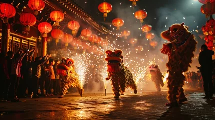 Badkamer foto achterwand Carnaval dancers in carnival traditional costume dragon lion with fireworks background, Chinese New Year celebrating, banner