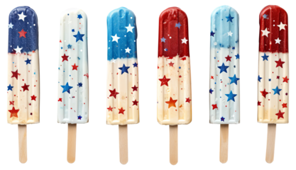 Set of Popsicle ice cream stars colourful pattern on transparent background. 4th of July USA Independence Day. advertisement. product presentation. banner, poster, card, t shirt, sticker.