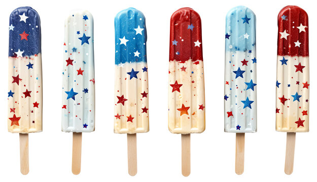 Set of Popsicle ice cream stars colourful pattern on transparent background. 4th of July USA Independence Day. advertisement. product presentation. banner, poster, card, t shirt, sticker.