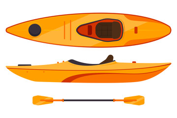 Kayak boat and paddle vector cartoon set isolated on a white background.