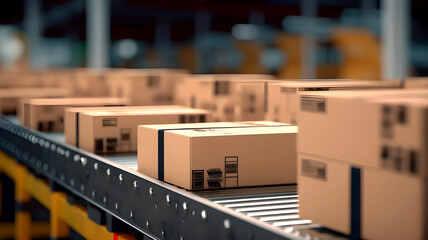Closeup of multiple cardboard box packages seamlessly moving along a conveyor belt in a warehouse fulfillment center, delivery, automation, and products, generated AI  - obrazy, fototapety, plakaty