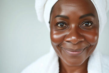Smiling black African American woman in her 50s, with flawless smooth skin, natural beauty relaxing...