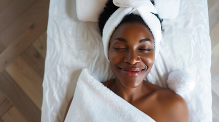 Black African American woman in her 40s at Skin Clinic spa salon getting beauty skincare treatment, for self-love health and wellness anti ageing care for perimenopause and menopause