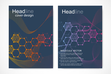 Scientific brochure design template. Vector flyer layout, Molecular structure with connected lines and dots. Scientific pattern atom DNA with elements for magazine, leaflet, cover, poster design