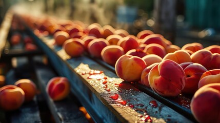Iconic depiction of a conveyor belt production line, capturing the detailed details of each peach in transit against a backdrop that accentuates the freshness of the fruit