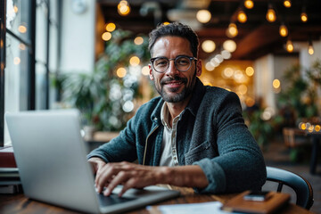 Confident Entrepreneur Enjoying Work in Cozy Cafe. Generative AI image