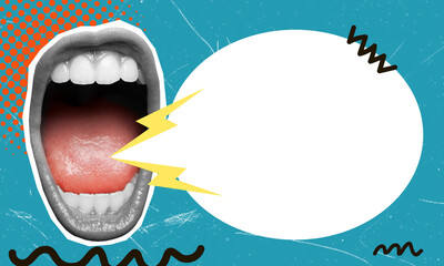 Art collage, Open mouth and speech bubble. Contemporary art collage.