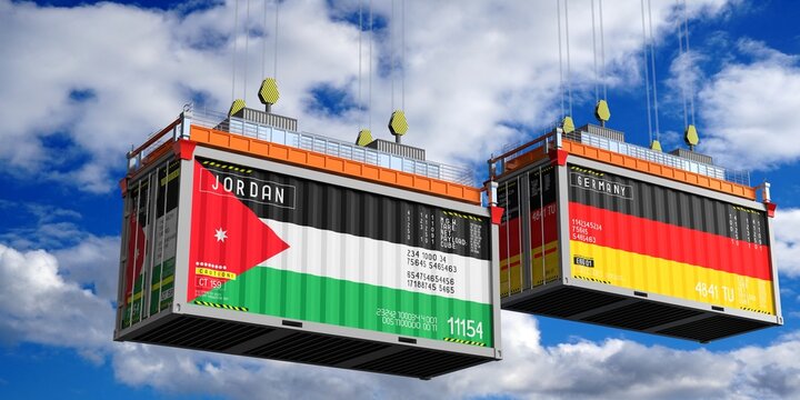 Shipping containers with flags of Jordan and Germany - 3D illustration