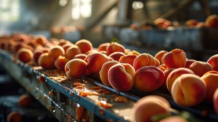 Iconic depiction of a conveyor belt production line, capturing the detailed details of each peach in transit against a backdrop that accentuates the freshness of the fruit - obrazy, fototapety, plakaty
