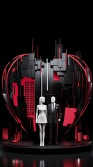 Beautiful stylized modern design of a skyline in red on black background and blank space to add text label, TV or radio broadcast studio set with two announcers, man and woman silhouette and buildings