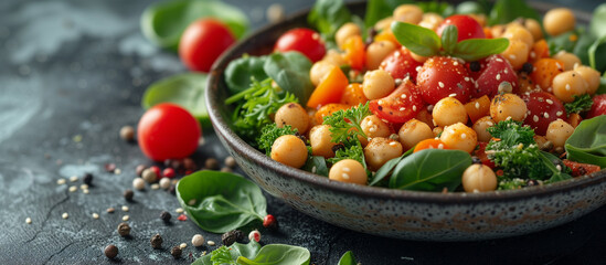 Salad bowl with chickpeas, tomatoes and mixed greens on stone background. Food and health. Healthy...