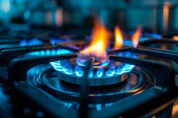 Kitchen gas stove burner alight with blue yellow flame. - obrazy, fototapety, plakaty
