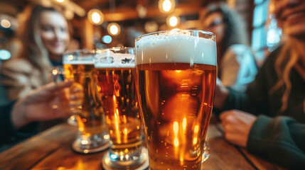 Fototapeta na wymiar Friends Enjoying Pints of Beer at a Cozy Pub Table
