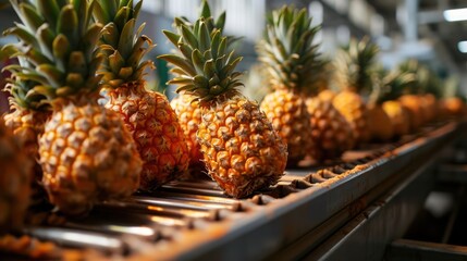 conveyor belt production line, capturing the detailed details of each pineapple in transit against a backdrop that accentuates the freshness of the fruit - obrazy, fototapety, plakaty