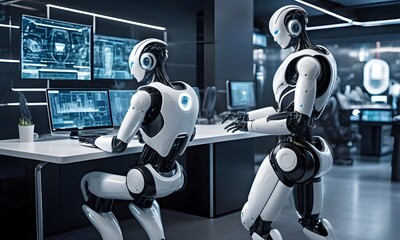 Futuristic Robots in High-Tech Workspace, showcasing advanced robotics in a modern office environment. AI Generated