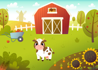 Cartoon farm landscape with cute cow. Summer vector rural background with barn and mill.