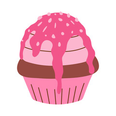 chocolate cupcake with pink whipped cream, pink chocolate, food vector illustration, baked sweets, flat style muffin