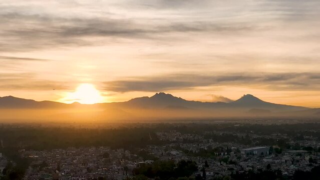 Wonderful Shot Of Distant Volcano In Iztaccihuatl At Sunrise, Mexico City