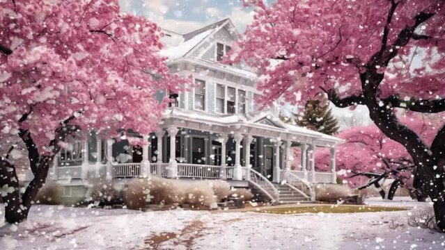 Utah, Nevada's Brigham Young Winter Home surrounded by blooming cherry trees.