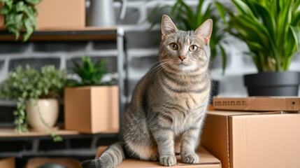 Donation concept  moving with boxes and a cat sitting in an empty box in the new home