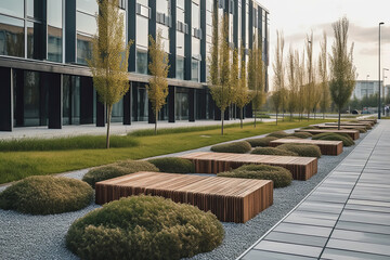 Calming ambiance of a modern cityscape is captured through alignment of neatly-trimmed spherical shrubs and stylish wooden benches along a walkway, illuminated by soft glow of evening light - obrazy, fototapety, plakaty