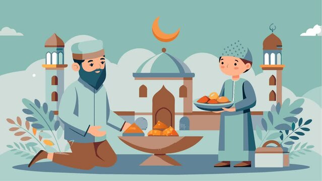 Ramadan concept of mosque vector animation with father and child fasting