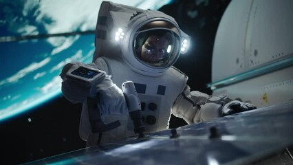 Professional Astronaut Servicing a Solar Electric Panel Outside of a Spacecraft on a Routine Maintenance Check in Outer Space. Space Technology, Sustainable Green Energy and Exploration Concept