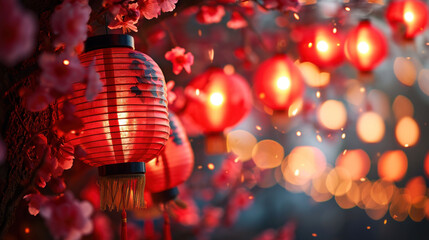 red paper chinese lanterns on a blooming plum tree with pink flowers, Chinese new year, banner
