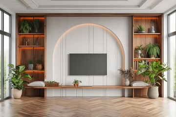An inviting den filled with natural elements, featuring a large tv mounted on a wooden wall, surrounded by a lush houseplant, flowerpot, and vase, creating a cozy atmosphere for entertainment and rel - obrazy, fototapety, plakaty