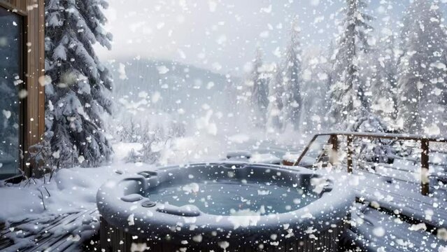 The inviting hot tub beckons amidst the serene snowy scene.