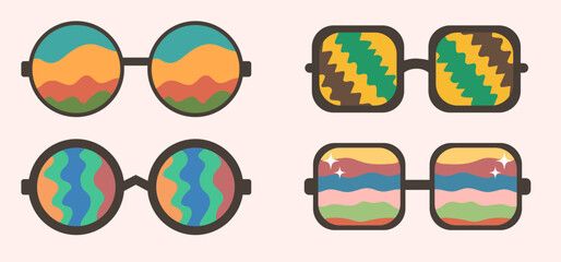 Groovy Sunglasses Set. Hippie sunglasses in trendy retro 1970s style.