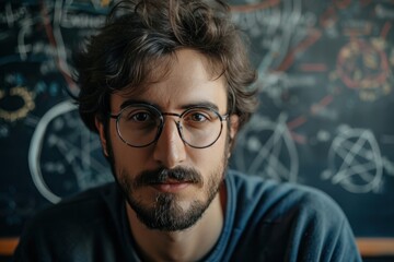 Portrait of modern young man in glasses mathematic teacher or student at school against blackboard with formulas. Close up. Copy space.