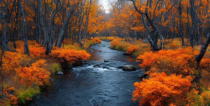autumn forest in the morning, autumn in the forest, autumn in the park, an image of a tranquil meandering river