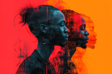 Generative AI illustration of dual profile portraits of a person overlaid with textured brush strokes on a vibrant red and black background