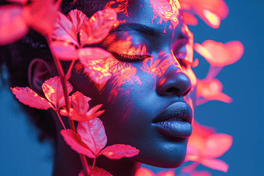 Generative AI illustration of close up of a woman's face partially obscured by glowing red leaves against a cool blue background, creating a striking contrast