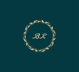 Handwritten golden BK getters logo with a minimalist design. letter BK logo manual elegant minimalist signature logotype. BK letter consist of intertwined elements into circle.