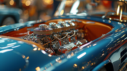 A classic sports car with its hood open, showcasing a pristine engine at a vintage car show. 