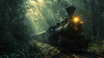A classic steam locomotive chugging through a dense forest, a journey back in time.  - obrazy, fototapety, plakaty