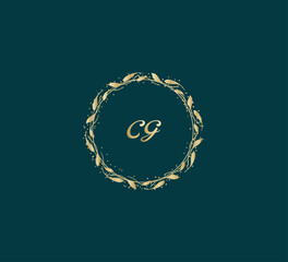 Handwritten golden CG getters logo with a minimalist design. letter CG logo manual elegant minimalist signature logotype. CG letter consist of intertwined elements into circle.